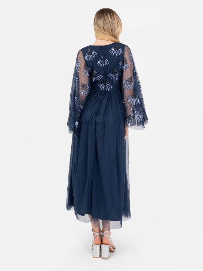 Maya French Navy Embellished Cape Sleeve V Neck Midi Dress