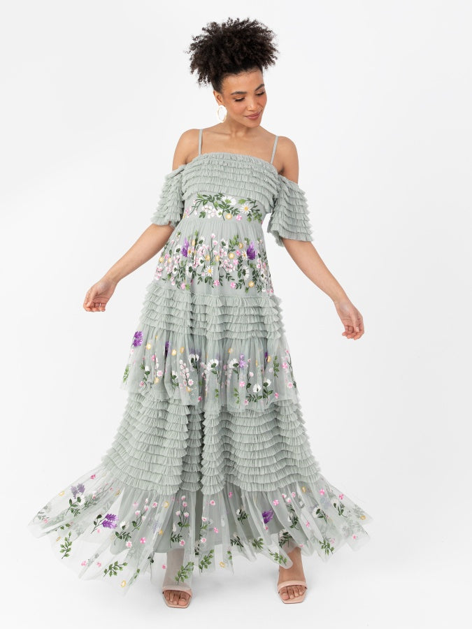 Maya Sage Green Floral Embroidered Ruffle Maxi Dress