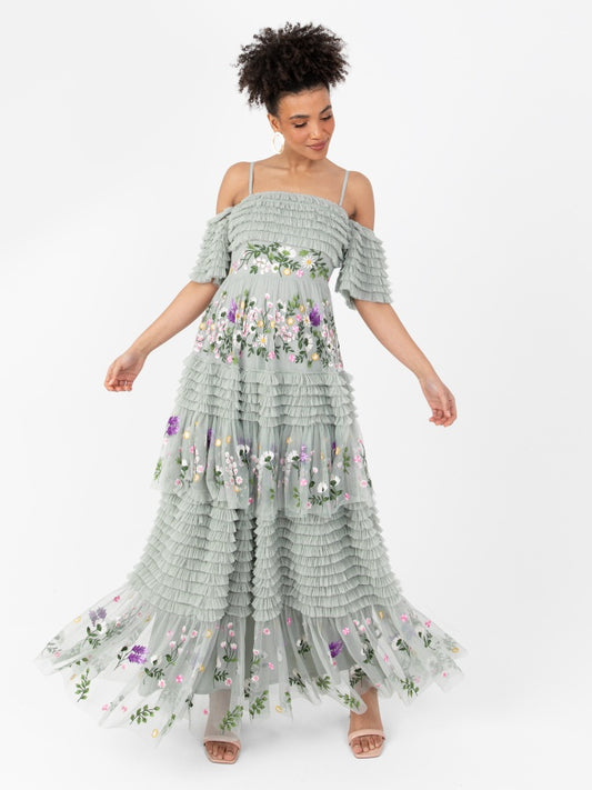 Maya Sage Green Floral Embroidered Ruffle Maxi Dress