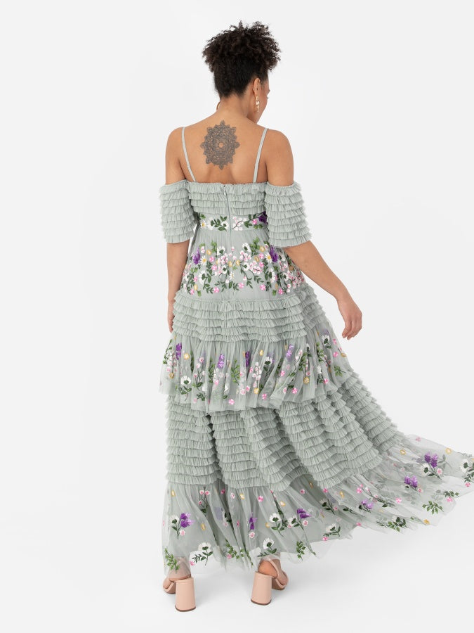 Maya Sage Green Floral Embroidered Ruffle Maxi Dress