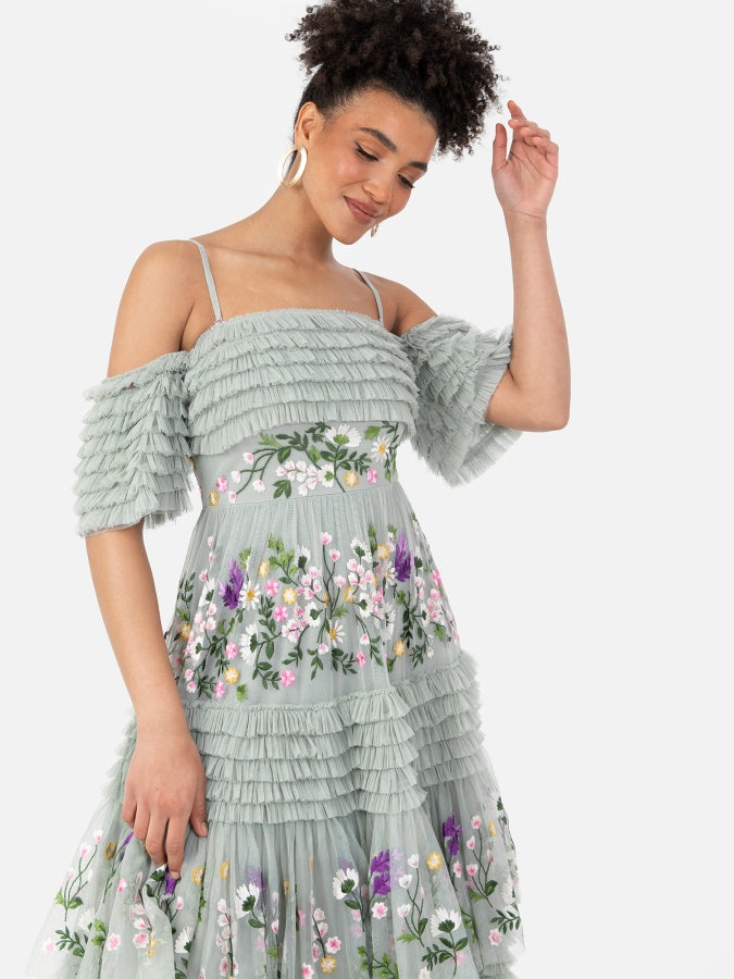 Maya Sage Green Floral Embroidered Ruffle Maxi Dress