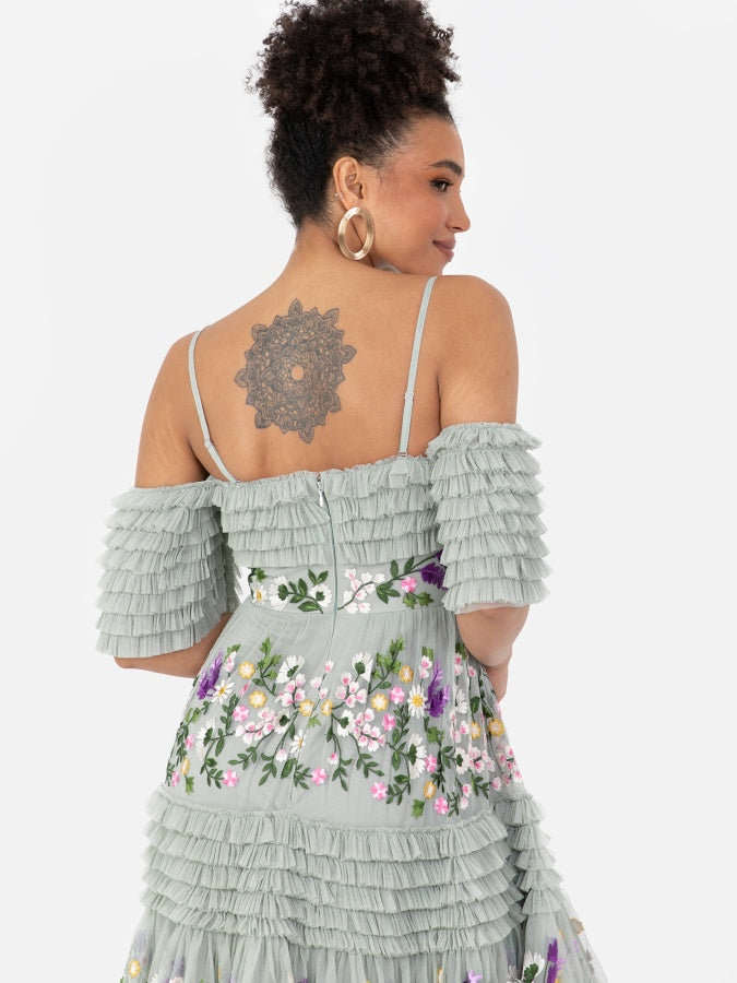 Maya Sage Green Floral Embroidered Ruffle Maxi Dress