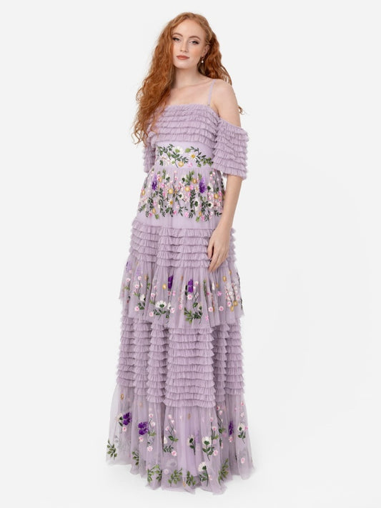 Maya Lilac Floral Embroidered Ruffle Maxi Dress