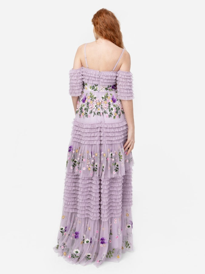 Maya Lilac Floral Embroidered Ruffle Maxi Dress