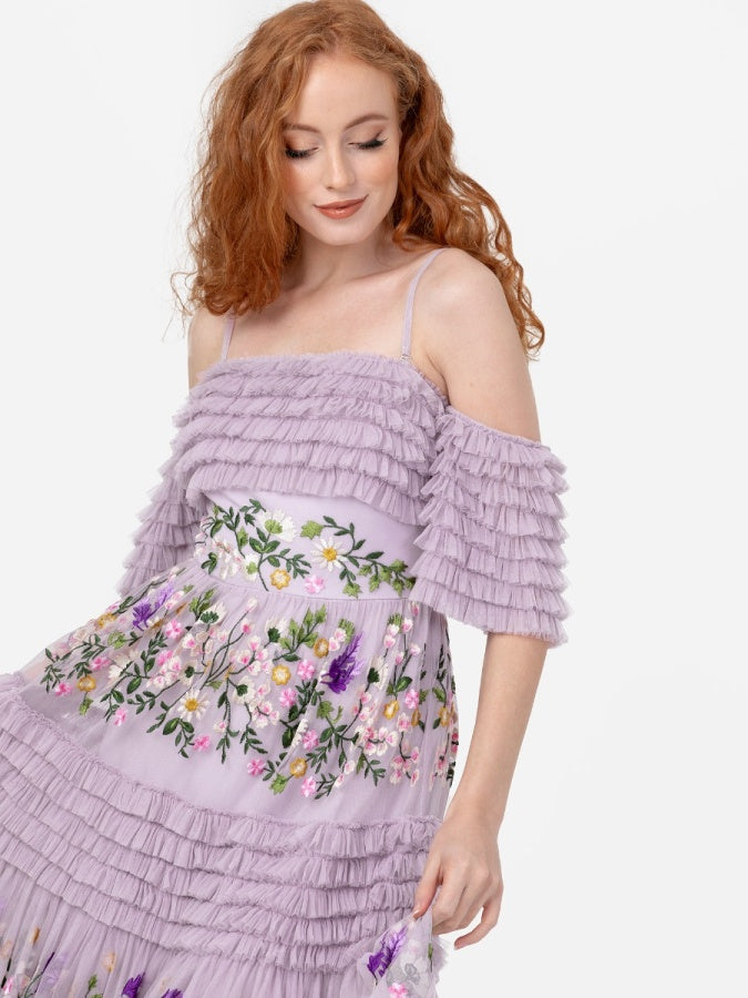 Maya Lilac Floral Embroidered Ruffle Maxi Dress