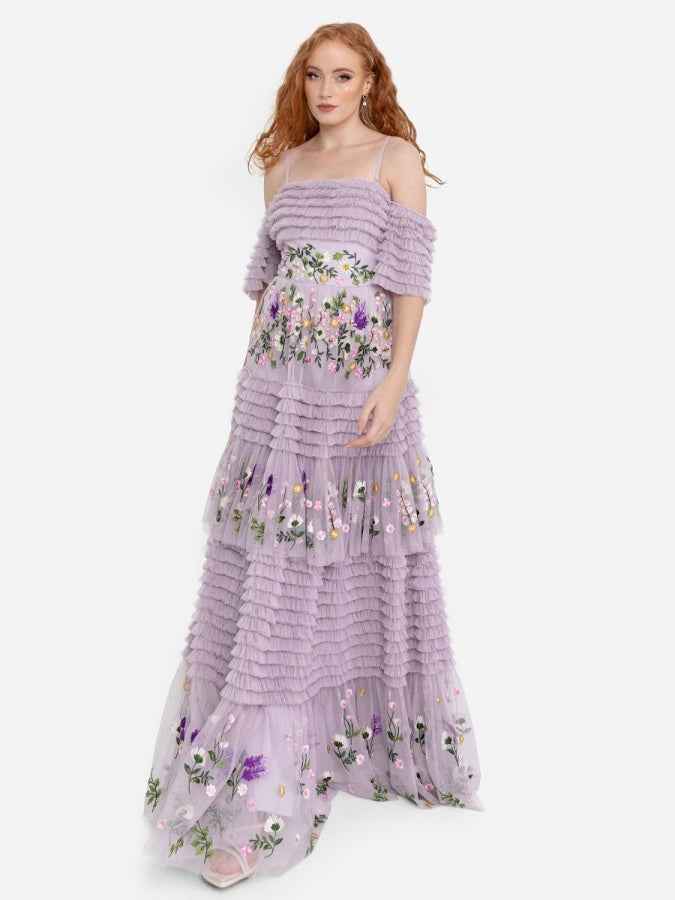 Maya Lilac Floral Embroidered Ruffle Maxi Dress