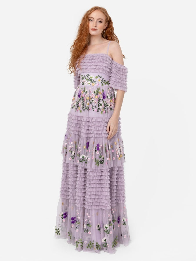 Maya Lilac Floral Embroidered Ruffle Maxi Dress