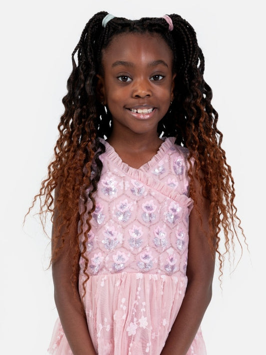 Mini Maya Pink Floral Embellished Tiered Midi Dress with Embroidered Tulle Detail