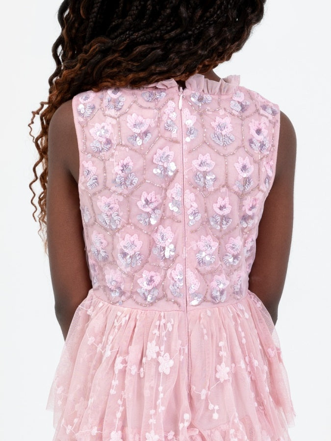 Mini Maya Pink Floral Embellished Tiered Midi Dress with Embroidered Tulle Detail