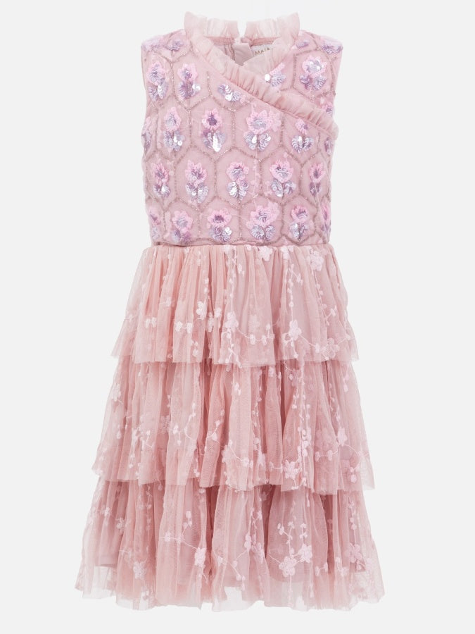 Mini Maya Pink Floral Embellished Tiered Midi Dress with Embroidered Tulle Detail