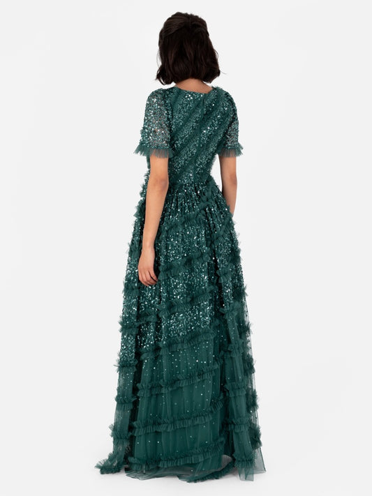 Maya Emerald Green Embellished Short Sleeve V Neck Maxi Dress