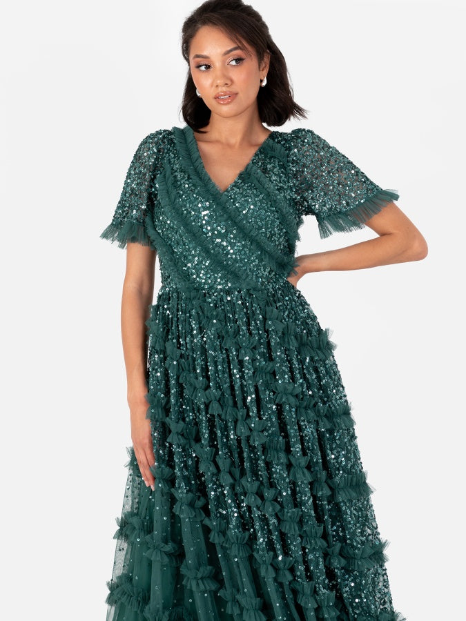 Maya Emerald Green Embellished Short Sleeve V Neck Maxi Dress