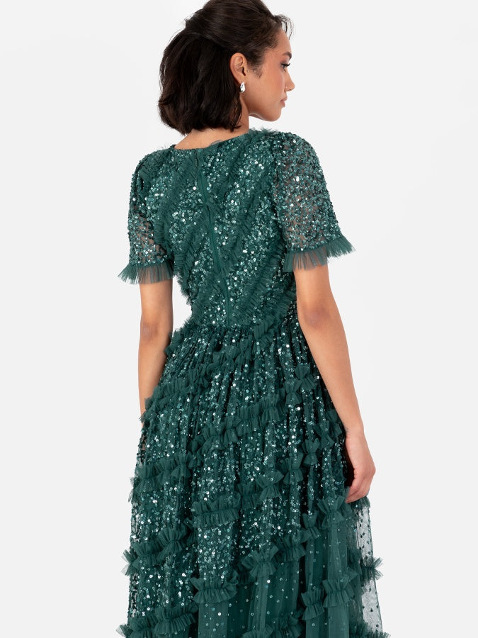 Maya Emerald Green Embellished Short Sleeve V Neck Maxi Dress
