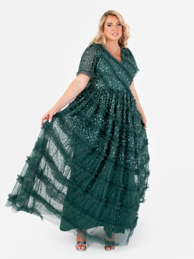 Maya Emerald Green Embellished Short Sleeve V Neck Maxi Dress