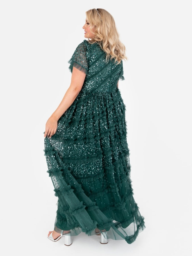 Maya Emerald Green Embellished Short Sleeve V Neck Maxi Dress