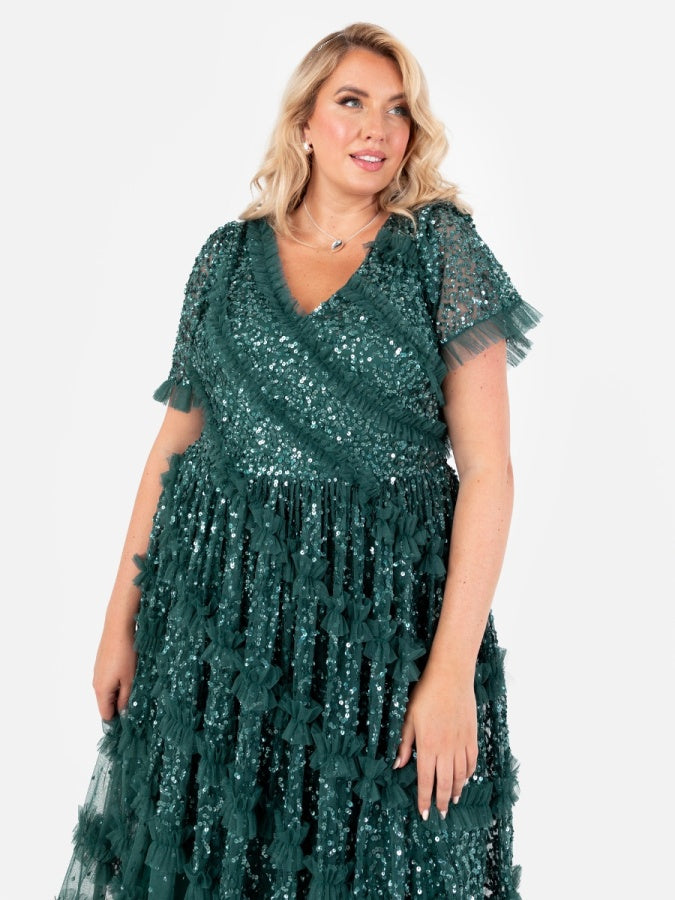 Maya Emerald Green Embellished Short Sleeve V Neck Maxi Dress