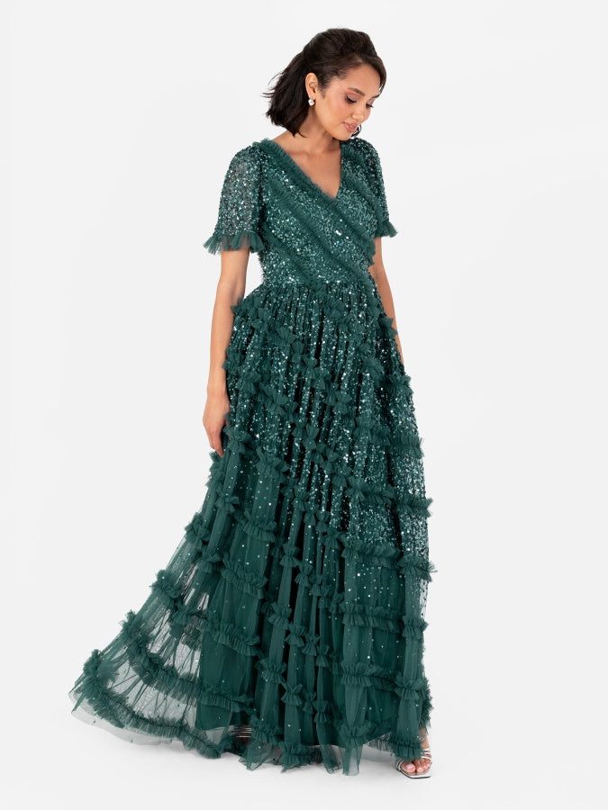 Maya Emerald Green Embellished Short Sleeve V Neck Maxi Dress