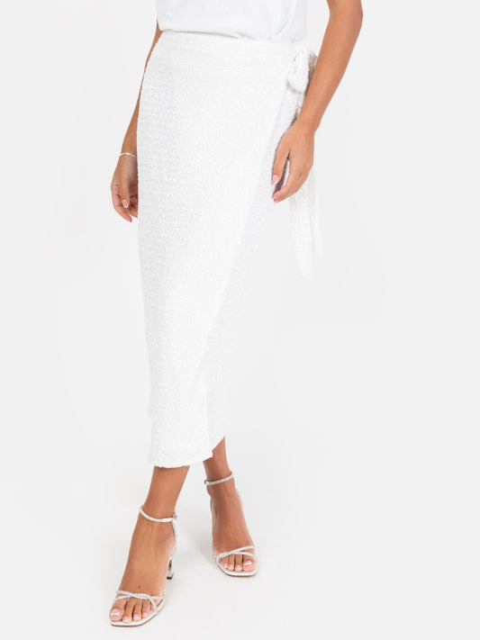 Maya White Fully Embellished Wrap Midi Skirt