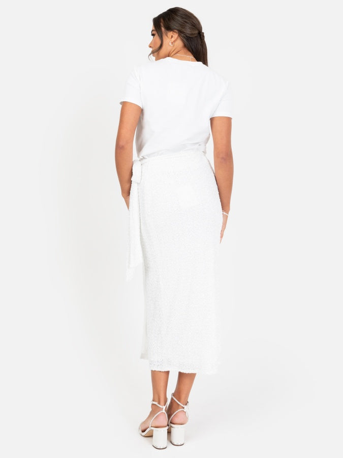 Maya White Fully Embellished Wrap Midi Skirt