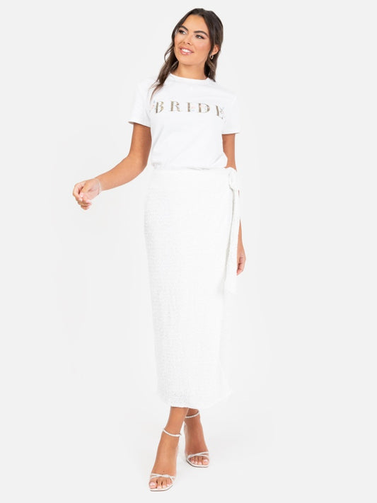 Maya White Fully Embellished Wrap Midi Skirt