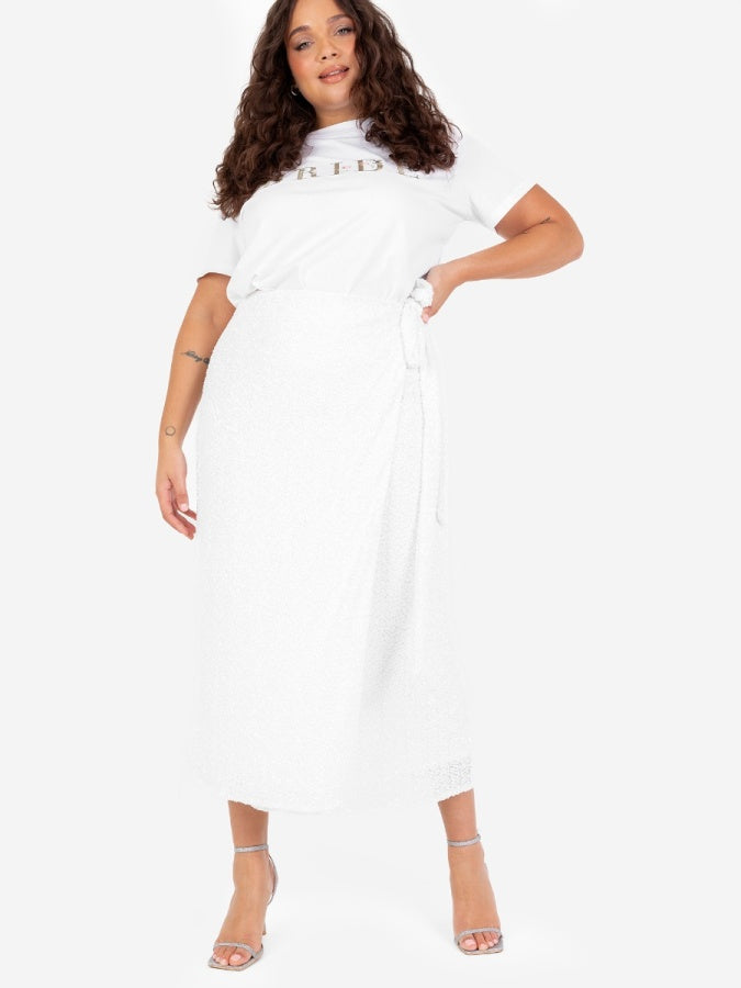 Maya White Fully Embellished Wrap Midi Skirt