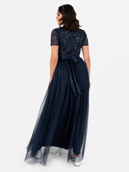 Maya Navy Floral Embellished Short Sleeve V Neck Maxi Dress with Sash Belt