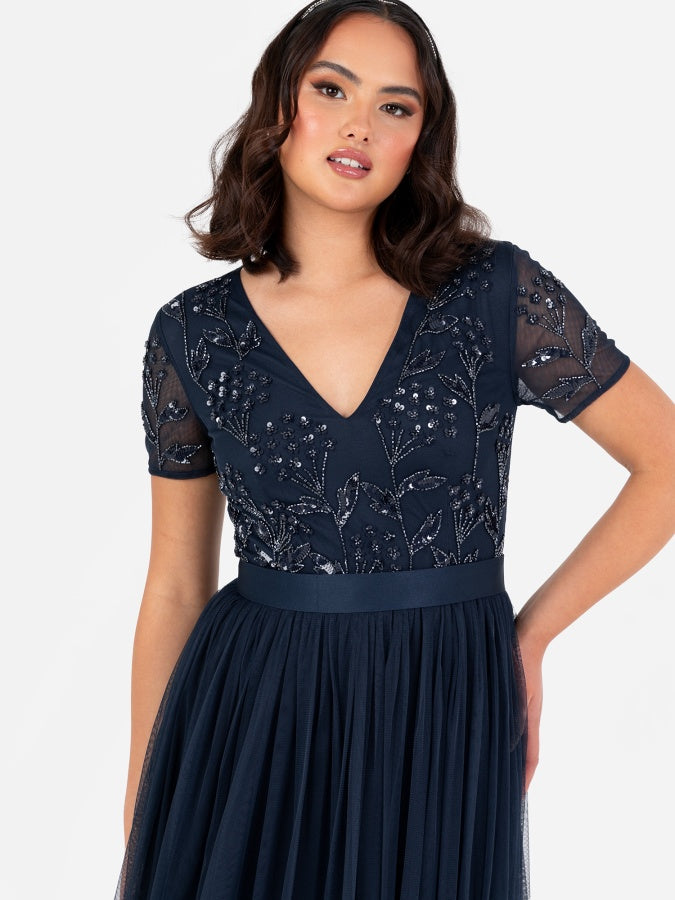 Maya Navy Floral Embellished Short Sleeve V Neck Maxi Dress with Sash Belt