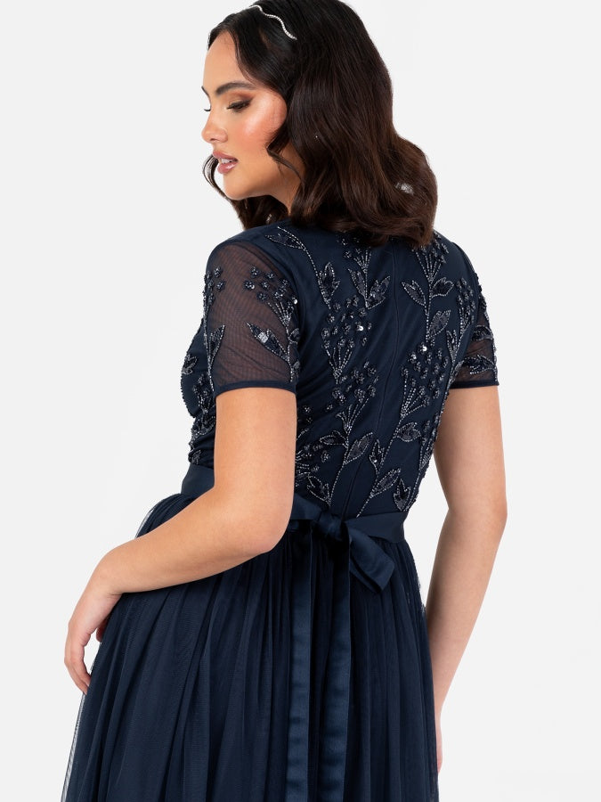 Maya Navy Floral Embellished Short Sleeve V Neck Maxi Dress with Sash Belt