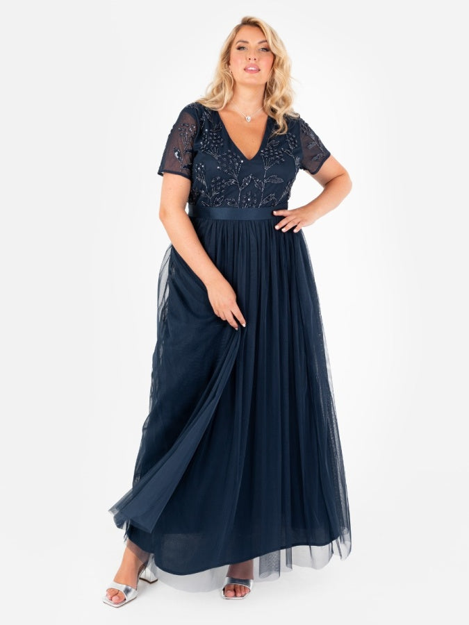 Maya Navy Floral Embellished Short Sleeve V Neck Maxi Dress with Sash Belt