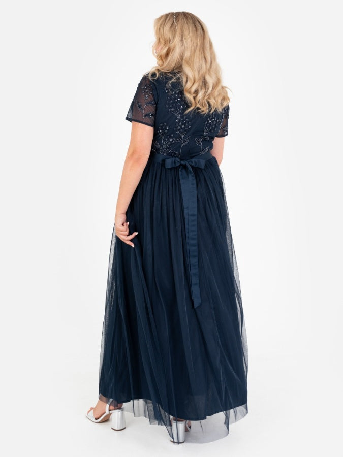 Maya Navy Floral Embellished Short Sleeve V Neck Maxi Dress with Sash Belt