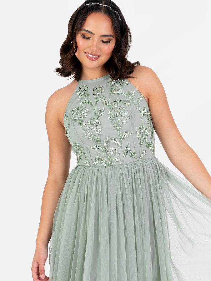 Maya Sage Green Floral Embellished Halter Neck Maxi Dress