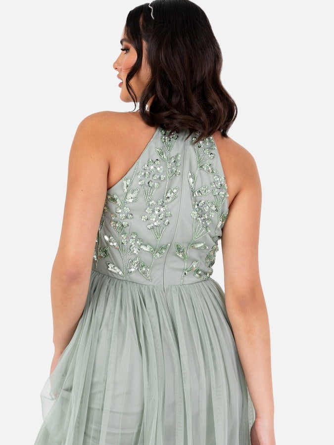 Maya Sage Green Floral Embellished Halter Neck Maxi Dress