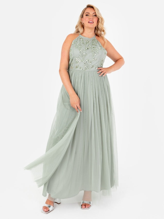 Maya Sage Green Floral Embellished Halter Neck Maxi Dress