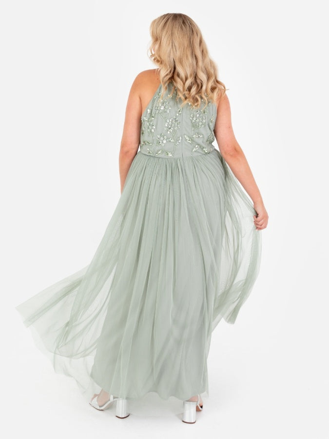 Maya Sage Green Floral Embellished Halter Neck Maxi Dress