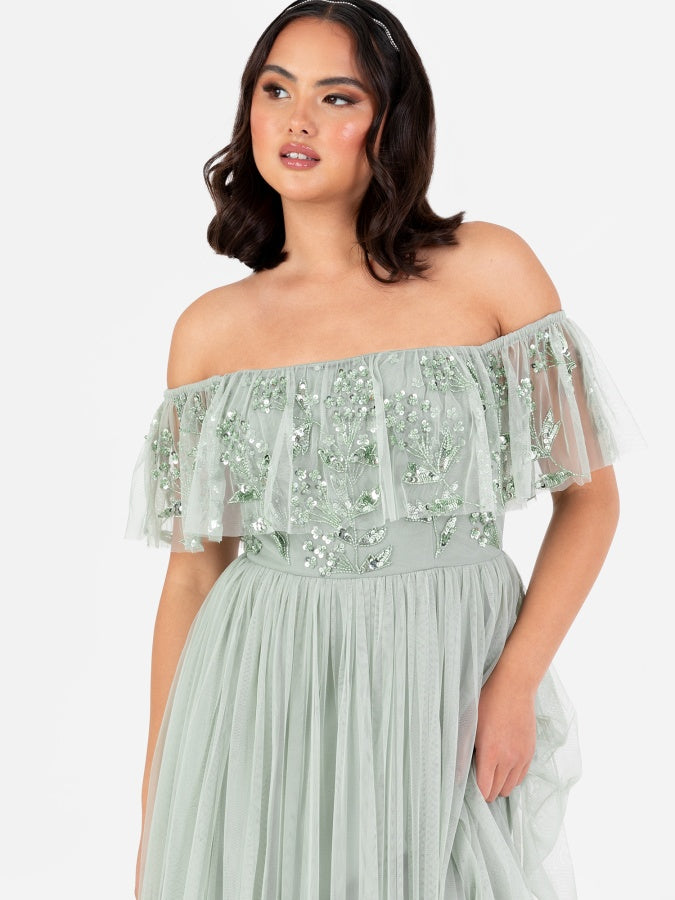 Maya Sage Green Floral Embellished Bardot Maxi Dress