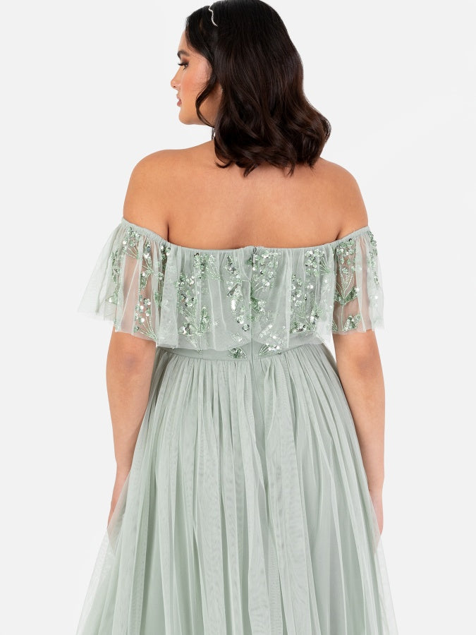 Maya Sage Green Floral Embellished Bardot Maxi Dress