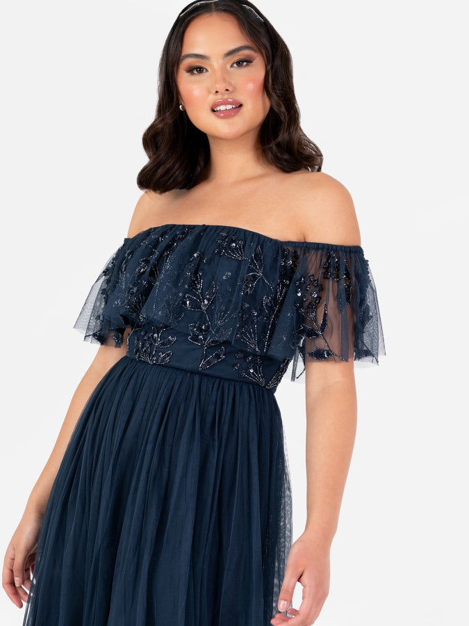 Maya Navy Floral Embellished Bardot Maxi Dress