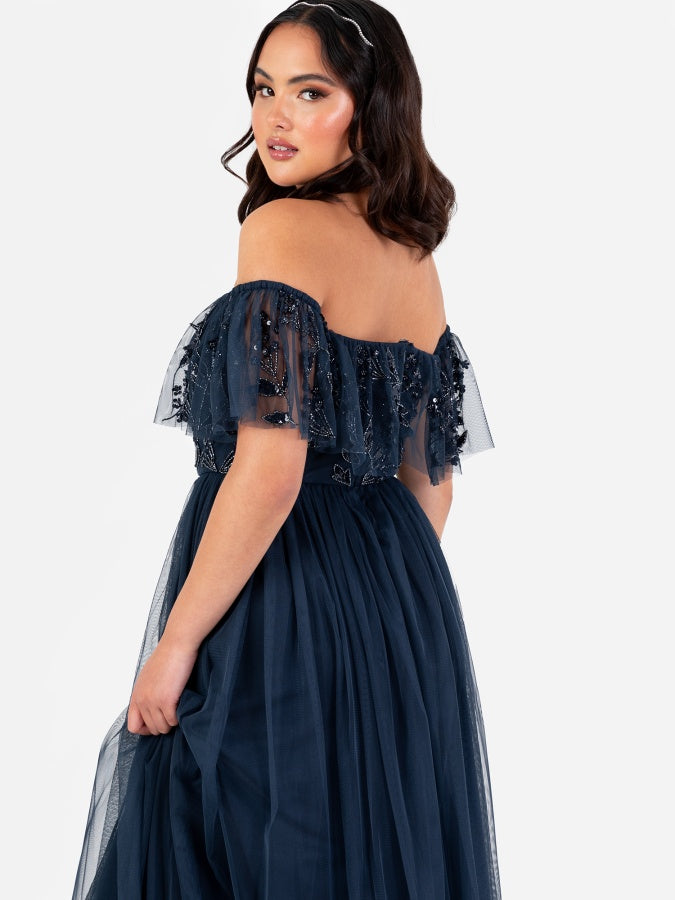 Maya Navy Floral Embellished Bardot Maxi Dress