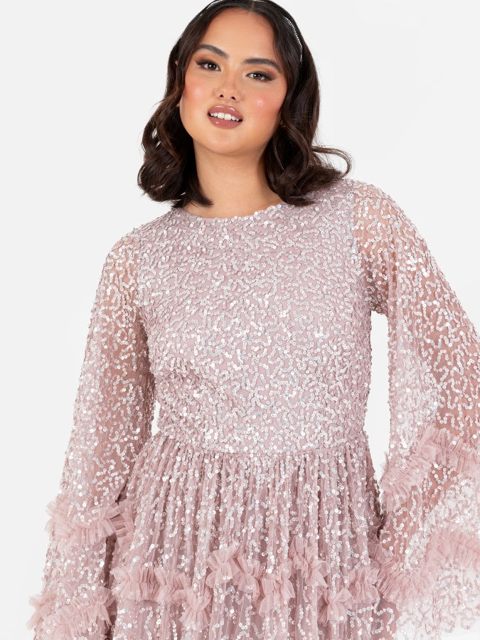 Maya Frosted Pink Fully Embellished Round Neckline Modest Maxi Dress