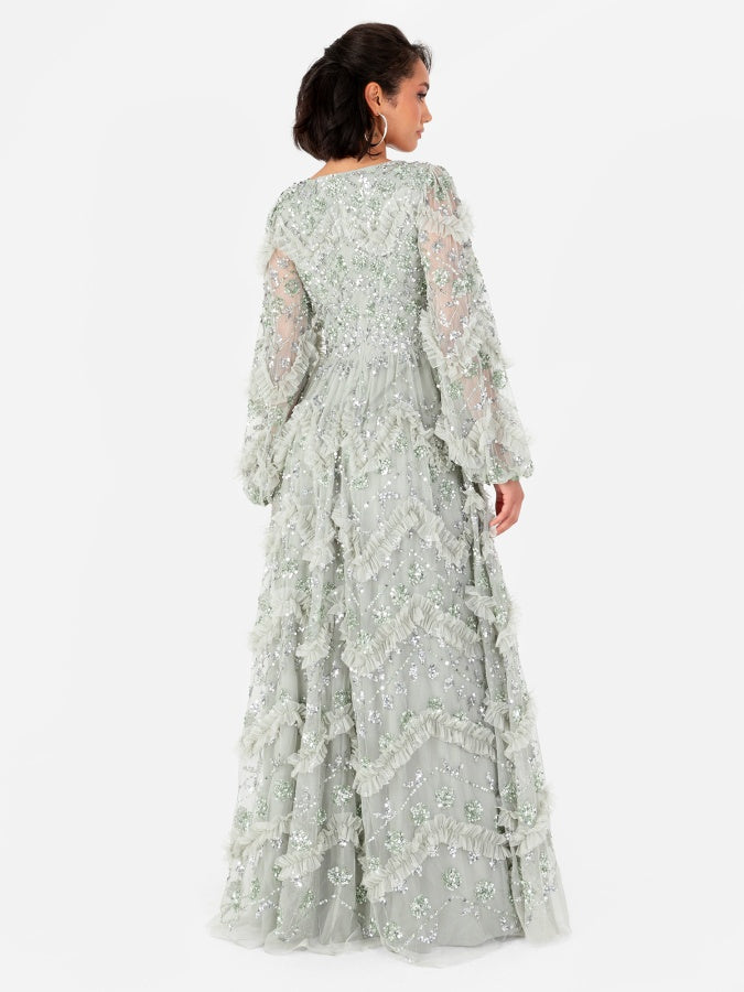 Maya Sage Green Embellished Blouson Sleeve Maxi Dress