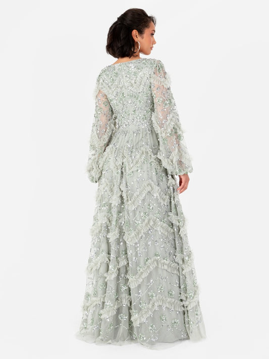 Maya Sage Green Embellished Blouson Sleeve Maxi Dress