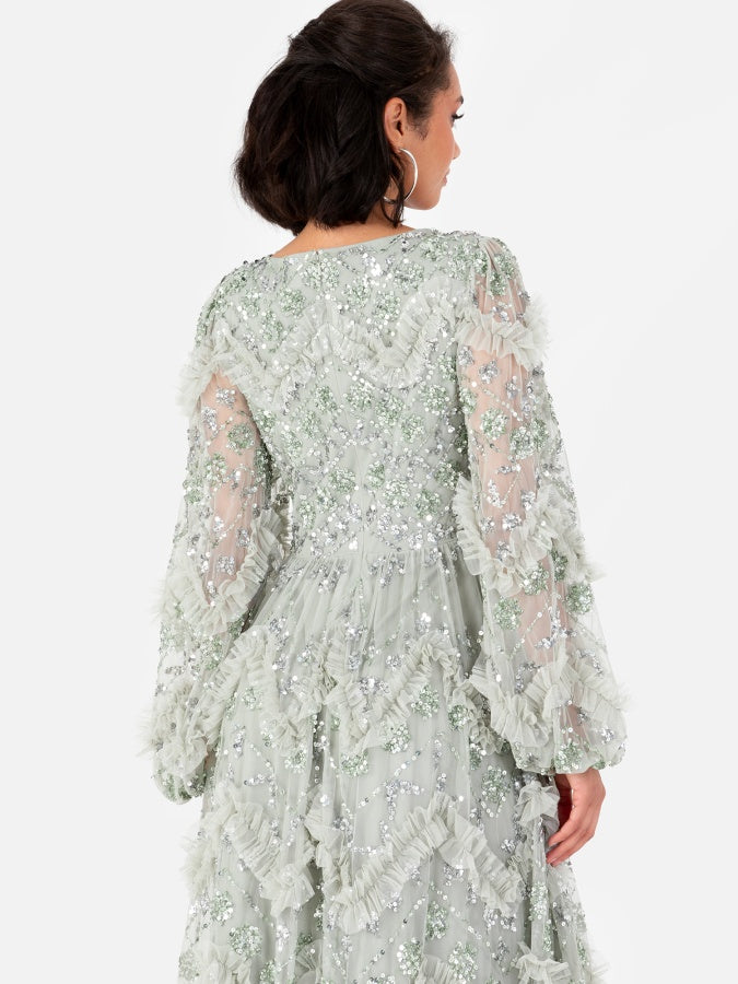 Maya Sage Green Embellished Blouson Sleeve Maxi Dress