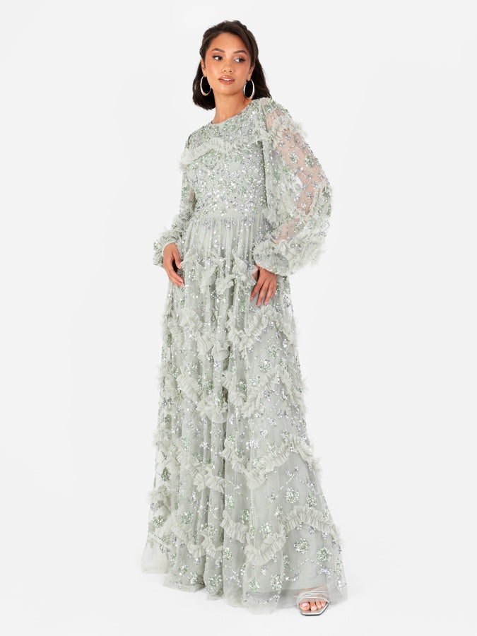 Maya Sage Green Embellished Blouson Sleeve Maxi Dress