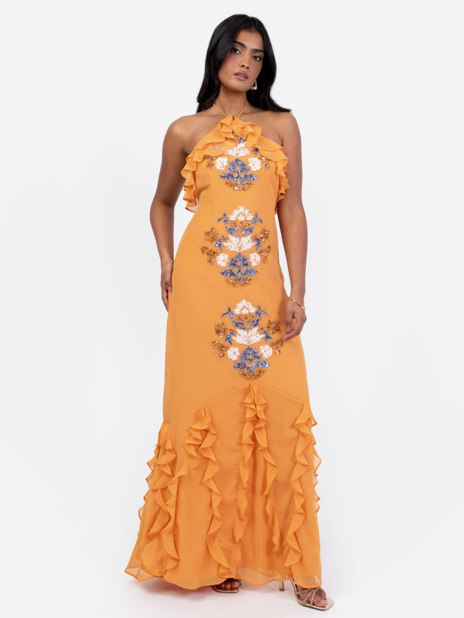 Maya Orange Embellished Halter Neck Ruffled Maxi Dress
