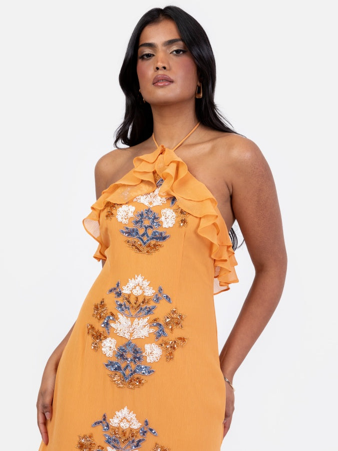 Maya Orange Embellished Halter Neck Ruffled Maxi Dress