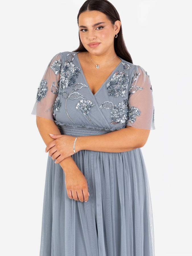 Maya Dusty Blue Floral Embellished Shirred Waist Short Sleeve Maxi Dress