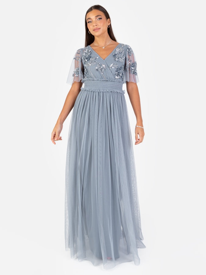 Maya Dusty Blue Floral Embellished Shirred Waist Short Sleeve Maxi Dress