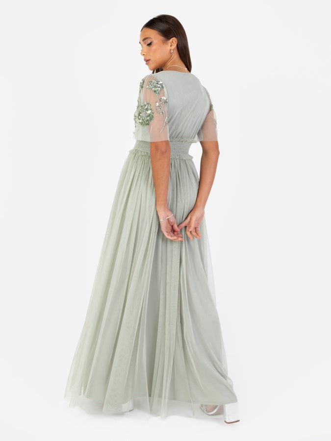 Maya Sage Green Floral Embellished Shirred Waist Short Sleeve Maxi Dress