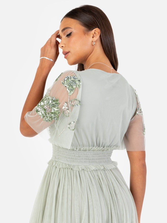 Maya Sage Green Floral Embellished Shirred Waist Short Sleeve Maxi Dress