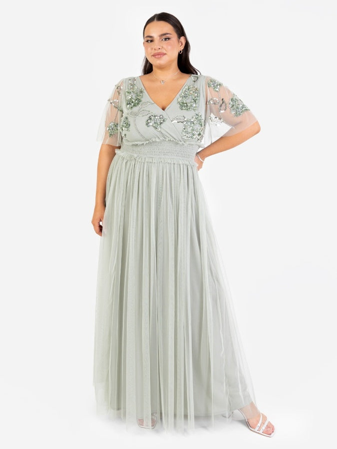 Maya Sage Green Floral Embellished Shirred Waist Short Sleeve Maxi Dress